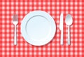 Dish fork knife and spoon on red square tablecloth, Dining concept idea, Vector illustration. Royalty Free Stock Photo