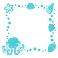 Square frame of cute cartoon smiling blushing octopus, seashells, starfish and bubbles on a white background. Design for baby prod