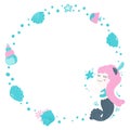 Cute round frame for text from a stylized cartoon cute little mermaid girl catching a starfish, fishes and bubbles in blue colors