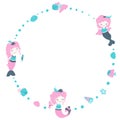 Round frame of cute pretty good girls mermaids with bubbles, seashells and fish. Cartoon template on a white background. For nurse
