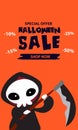 Halloween sale banner. Halloween background with pumpkin, ghost, monster, witch, black cats and candy . Invitation flyer or templa Royalty Free Stock Photo