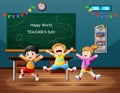 Happy World Teachers Day with happy student jumping on classroom