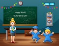 Happy World Teachers Day with graduation kids and teacher