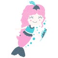 Children`s illustration of cartoon beautiful little cheerful girl mermaid with pink hair combed in pigtail, holding bouquet of sea Royalty Free Stock Photo