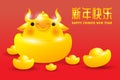 Happy Chinese new year 2021 greeting card, Golden ox with gold ingots the year of the ox zodiac, Cartoon cute little cow isolated Royalty Free Stock Photo