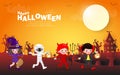 Happy halloween party poster, Cute Little group kids dressed in Halloween fancy dress to go Trick or Treating, paper art banner Royalty Free Stock Photo