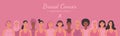 Breast cancer awareness month web banner of diverse ethnic women group together with pink support ribbon concept