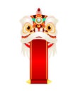 Happy Chinese New Year Lion Dance Head with blank scroll, Mascot for lucks Holding red sign decorated with gold, banner template Royalty Free Stock Photo