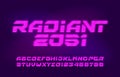 Radiant alphabet font. Neon light letters, numbers and symbols. Royalty Free Stock Photo