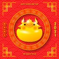 Happy Chinese New Year 2021 the year of the ox paper cut style,  greeting card, Golden ox with gold ingots, cute little cow poster Royalty Free Stock Photo