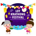 Loy Krathong Festival banner concept with cute Thai couple in National costume holding krathong in full moon night and lanterns