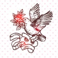 Hand Drawn Love, Wedding And Valentines Day Card With Pigeon With Rose And Letter