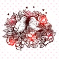 Hand Drawn Love, Wedding And Valentines Day Card With Pigeons Couple And Flowers