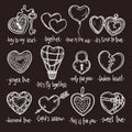 Love And Valentine Doodle Set On The Chalkboard. Hearts Color Collection