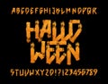 Halloween alphabet font. Brush stroke grunge letters and numbers.