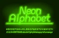 Neon alphabet font. Green neon light. Uppercase and lowercase letters and numbers.