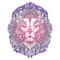 Ornamental Lilac Tattoo Lion Head. Highly Detailed Abstract Hand Drawn Style