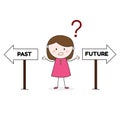 Stick Figure Girl confused about past and future doodle cartoon Illustration Vector