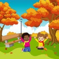 Cartoon Happy kids in autumn park Royalty Free Stock Photo