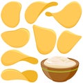 Potato chips and bowl with dipping sauce. Potatoes, French fries, crisps and chips with dip. Vector illustration.