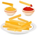 French fries and bowls with dipping sauces. Vector illustration.