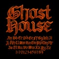 Ghost House alphabet font. Uppercase and lowercase gothic letters and numbers.