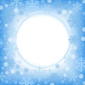 Winter round frame. Different beautiful snowflakes on blue background.