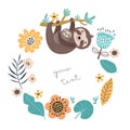 Sloths. Mom and baby. Vector illustration