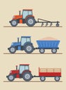 Three farm tractors isolated on beige background. Heavy agricultural machinery for field work.