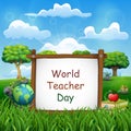 Happy Teachers Day sign with set of stationary elements at nature background