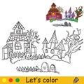 Halloween coloring with colored example haunted houses Royalty Free Stock Photo