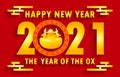 Happy Chinese New Year 2021 the year of the ox paper cut style,  greeting card, Golden ox with gold ingots, cute little cow poster Royalty Free Stock Photo