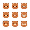 Set of cute cartoon bear emoji set isolated on white background