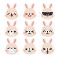 Set of cute cartoon rabbit emoji set isolated on white background