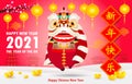 Happy Chinese new year 2021 the ox zodiac poster design with cute little cow firecracker and lion, dance the year of the ox Royalty Free Stock Photo