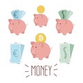 Business or finance saving concept with piggy bank and euros, dollars, bitcoins.