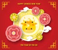 Happy Chinese New Year 2021 the year of the ox paper cut style,  greeting card, Golden ox with gold ingots, cute little cow poster Royalty Free Stock Photo