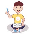 Boy smiling with pencil and book, vector illustration.