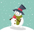 Cute smiling snowman in big hat, green scarf and red mittens with snowflakes Royalty Free Stock Photo