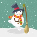 Cartoon snowman with big hat and striped scarf dancing with broom Royalty Free Stock Photo