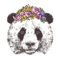 Sketch Of Giant Panda With Flower Wreath. Hand Drawn Head In Monochrome Style