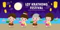 Loy Krathong Festival banner concept with cute Thai Children in National costume holding krathong in full moon night and lanterns