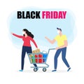 Black Friday Sale Event Couple Characters cartoon with Shopping trolley, new normal shopping lifestyle with protect coronavirus