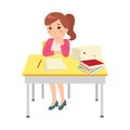 Female teacher show bored expression. Tired at work. Stressed with pile of work. Business clip art.