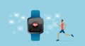 Smart watch technology with a man running and flat vector design technology for health while exercising Royalty Free Stock Photo