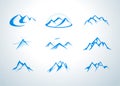 Set of vector mountain and outdoor adventures logo. Mountains, rocks and peaks. Isolated vector illustrations Royalty Free Stock Photo