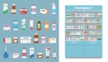 Large rack with medicines isolated on white background. And set of tablets, sprayers and bottles for illness and pain treatment. Royalty Free Stock Photo