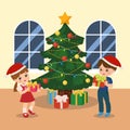 Boy and girl exchange present. Christmas party situation. Merry Christmas. Children clip art. Gifts under Christmas tree.