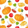 Autumn seamless pattern with orange pumpkins, bunches of red rowan berries, apples and fallen maple leaves. Royalty Free Stock Photo