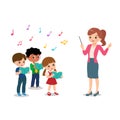 Female teacher conduct student choir for event at school. Musical extracurricular. Singing clip art. Happy boy and girl sing.